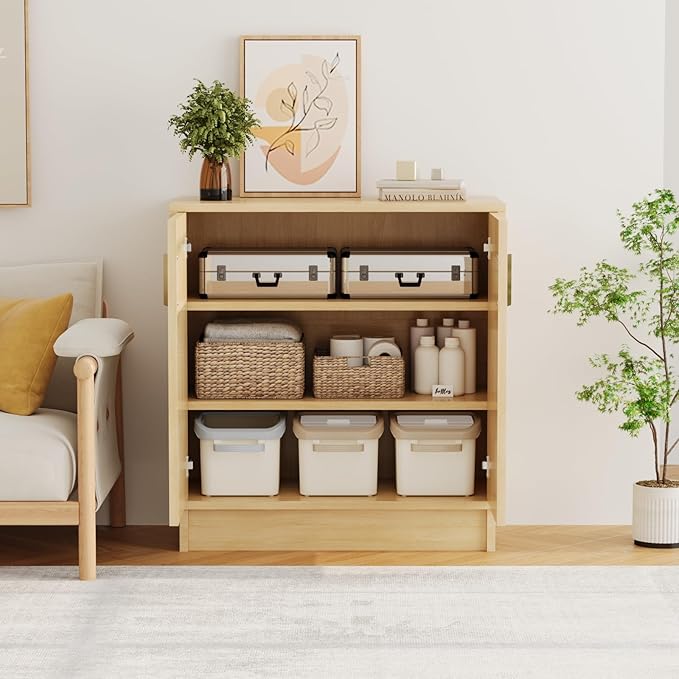 Sideboard Buffets Storage Cabinet, Boho Rattan Accent Cabinet with Doors, Farmhouse Buffet Table Console Table Coffee Bar for Entryway Kitchen Dining Room,Classic Rattan