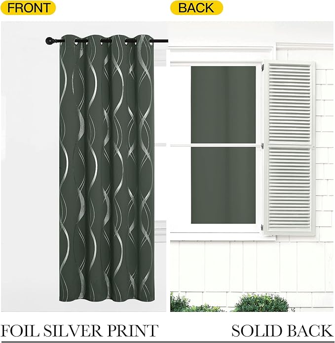 NICETOWN Blackout Curtains 84 inch Length 2 Panels Set, Dark Mallard, 52" x 84", Noise Reducing Thermal Insulated Wave Line Foil Print Design Blackout Curtains for Hall Closet Villa Door