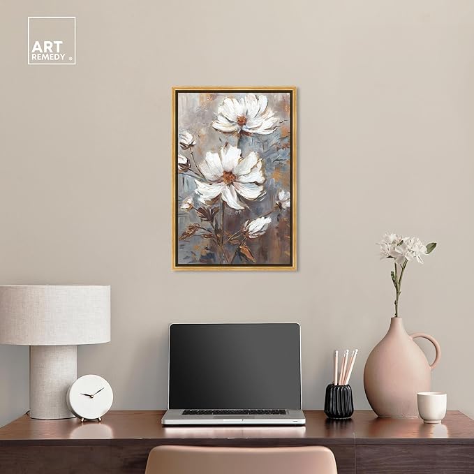 Art Remedy White Textured Flowers Canvas Elegant Floral Wall Art, Gold Frame, 16" x 24"
