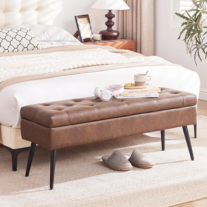 CUYOCA Storage Ottoman Bench Bed, 40" Faux Leather Tufted Entryway Bench, Long Ottoman with Storage for Living Room, Support 660lbs - Retro Brown