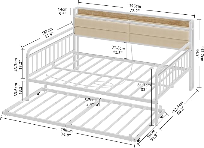 LIKIMIO Daybed with Trundle, Sturdy Metal Full Size Bed Frame with Upholstered Headboard and Charging Station for Living Room, Bedroom and Guest Room, White