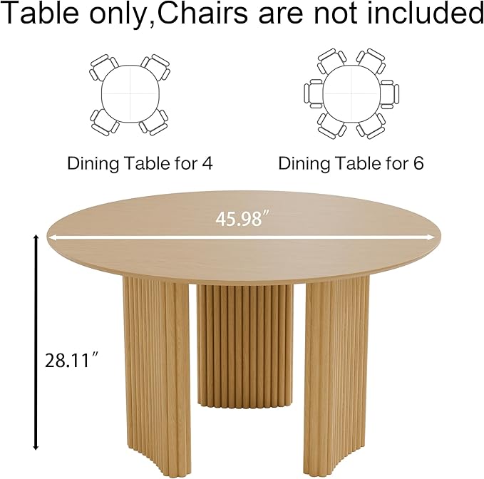 Casaphoria 46" Round Dining Table for 2-4, Farmhouse Style Small Table with Stripes Base, Easy Assembly for Living Room, Kitchen, Bar, Oak