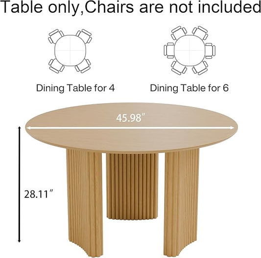 Casaphoria 46" Round Dining Table for 2-4, Farmhouse Style Small Table with Stripes Base, Easy Assembly for Living Room, Kitchen, Bar, Oak