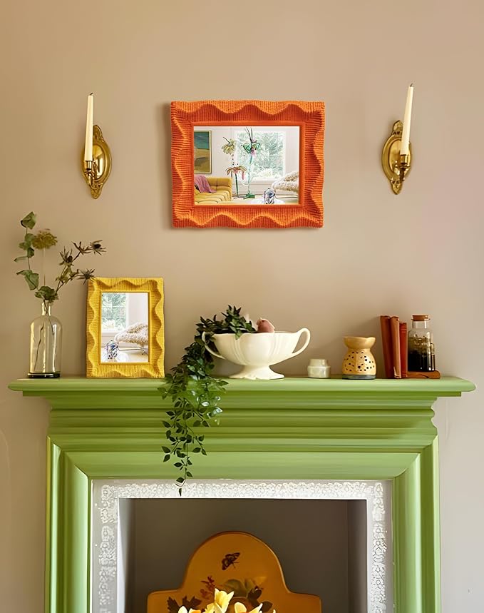 Wavy Wall Mirror with Soft Flocking Touch, 14x12 Resin Decorative Wall Mirror for Bedroom Bathroom Living Room Modern Aesthetic Decor, Trendy Accent Mirrors for Girl Teens Gift (Orange)