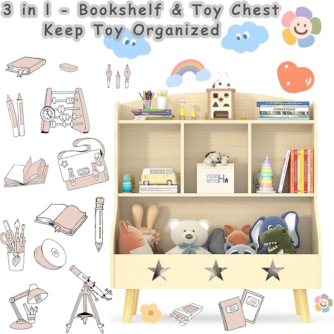 Cube Bookshelf Storage Organizer Bookcase, Wide Open Storage Bookcase for Toddlers, Freestanding Display Bookshelve, Modern Toy Shelf for Bedroom, Living Room, Nursery and Classroom(Oak)