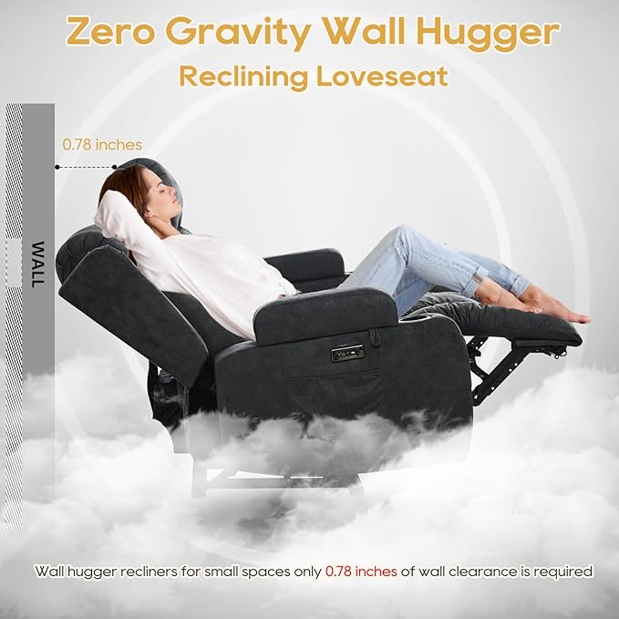 IPKIG Power Recliner Sofa with Flip-Up Backrest Console, USB & USB-C Ports, AC Outlet, LED Lights, Wall Hugger Recliners for Living Room, RV (Drak Grey, 76.8" - 3 Seat) | Velvet Fabirc, Zero Gravity, Dual Reclining, 2 Lumabr Pillow