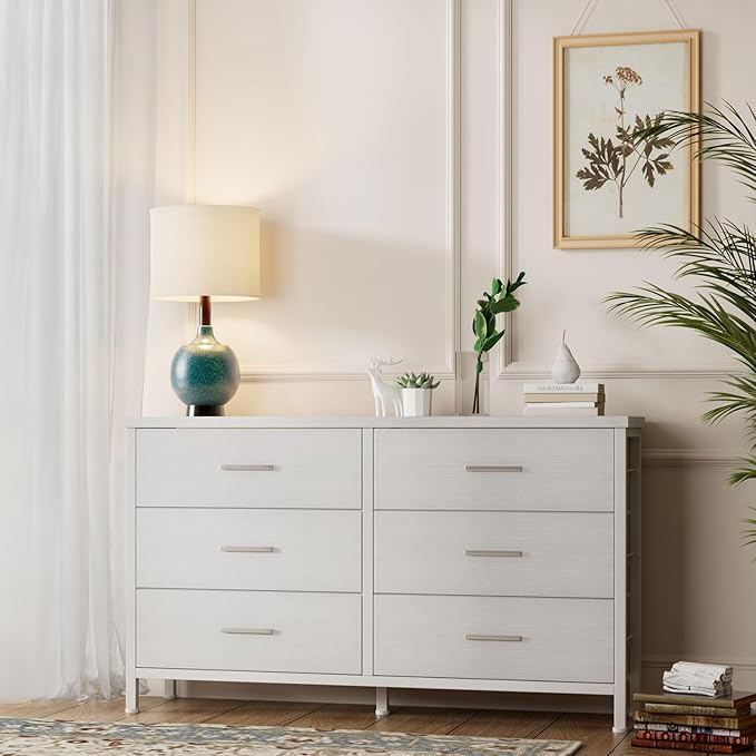 BOLUO White Dresser for Bedroom 6 Drawer, Wide Dresser TV Stand for 50" TV Dressers & Chests of Drawers Fabric Dresser for Closet Modern