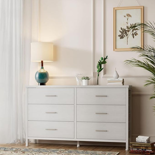 BOLUO White Dresser for Bedroom 6 Drawer, Wide Dresser TV Stand for 50" TV Dressers & Chests of Drawers Fabric Dresser for Closet Modern