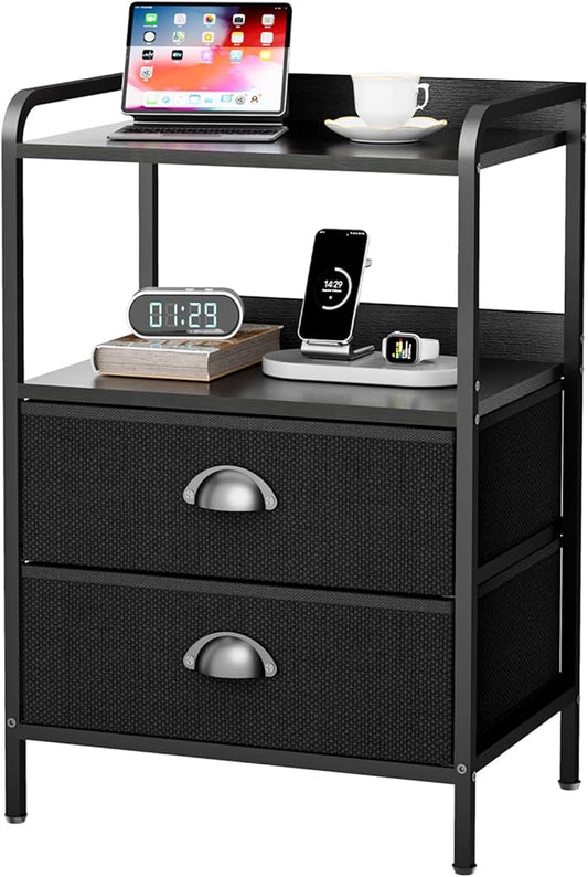 Night Stand with 2 Fabric Drawer and Sturdy Metal Frame, Lightweight & Durable -55LB Load Capacity, Wear-Resistant & Easy-Clean Surface,Rustic Black Modern