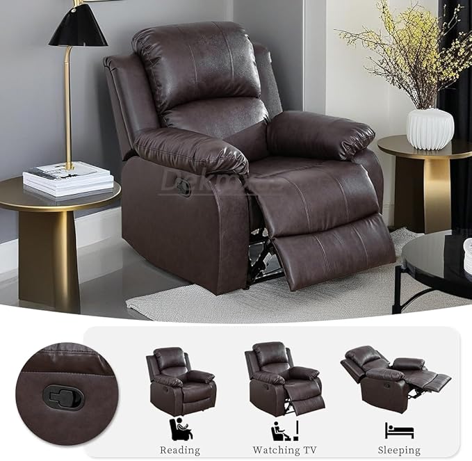 Brown Recliner Chair Contempary Bonded Leather Living Room Furniture Manual Recliner Single Chair Wall Hugger with Overstuffed Arm & Back for Home/Office/Rv Car (Brown, Chair)