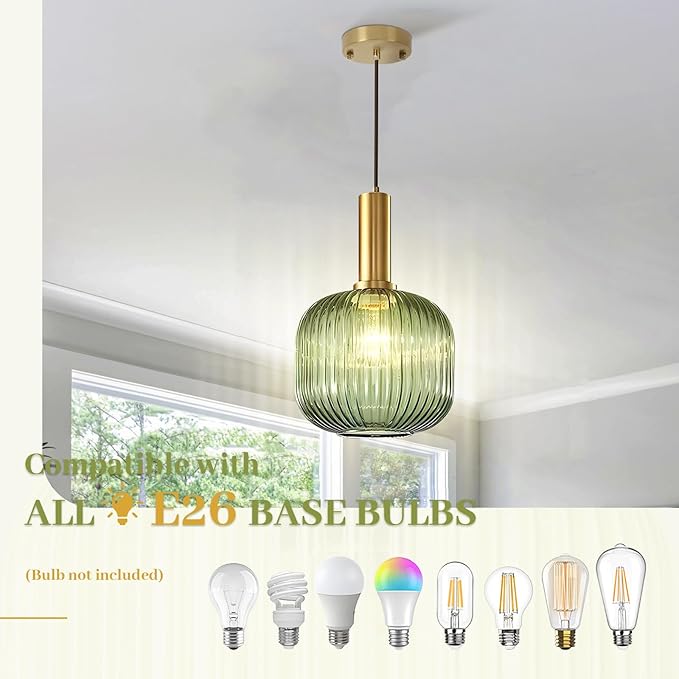 Green Glass Pendant Light Vintage Kitchen Pendant Lighting Over Island Sink Mid Century Modern Gold Hanging Pendant Light Fixture for Bedroom Living Room Dining Room