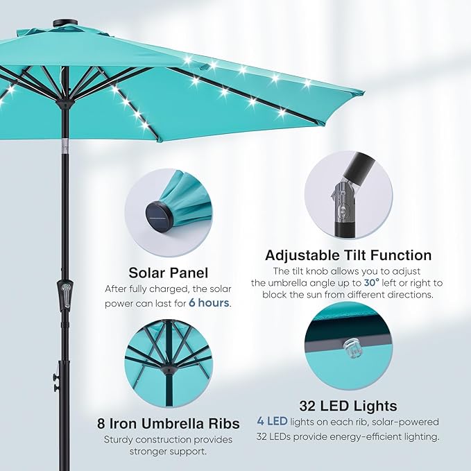 DUMOS 10 FT Outdoor Patio Umbrella with 32 LED Lights, UV-Resistant Outdoor Table Umbrella with Tilt and Crank for Backyard, Deck, Garden and Beach, Blue