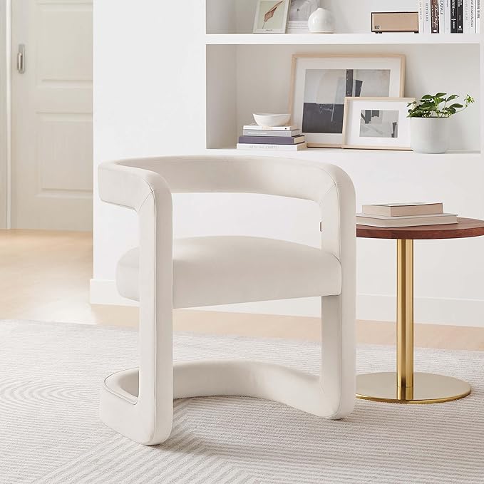 Modway Winslow Stain-Resistant Performance Velvet Dining Chair in Alabaster - Open Back Barrel Armchair - Upholstered Dining Chair - Cozy Reading Chair or Velvet Vanity Chair