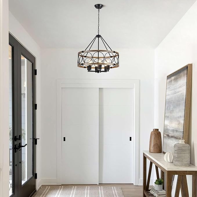 6-Light Farmhouse Chandelier for Dining Room,21'' Black Rustic Industrial Drum Chandeliers Imitation Wood Grain Pendant Light Fixture for Kitchen Island Entryway Foyer Bedroom Hallway,E26 Metal