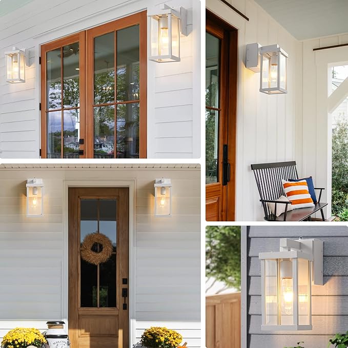 Dusk to Dawn Porch Lights with GFCI Outlets Waterproof Outdoor Wall Lights Exterior Lighting Fixtures Modern Outside Lights Wall Mount for House Patio Garage,White,11.8''H,1PC