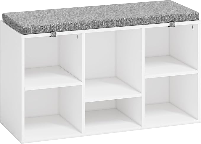 Shoe Bench, Storage Bench with Padded Seat, 6 Cubbies Storage Entryway Bench, for Living Room, Bedroom, Hallway,White