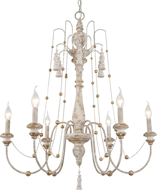 LALUZ Farmhouse Chandelier, 6-Light Distressed Wood Chandeliers for Dining Room, French Country Lighting Lights Fixtures with Bead Strings, 29.1" L x 37.8" H