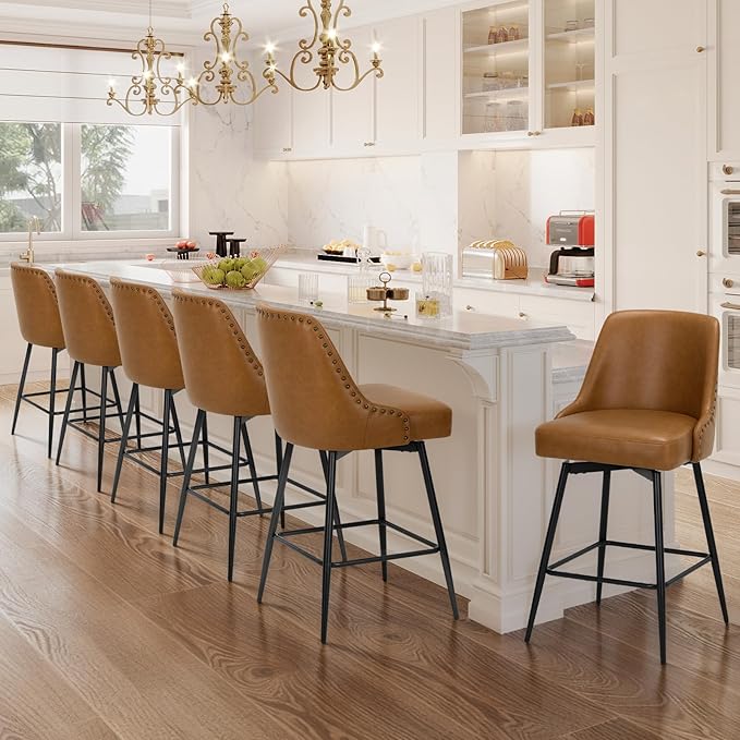 Bar Stools Set of 6, 26" Swivel Counter Height Chairs with Back,Thick Padded Seat & Footrest,Modern Faux Leather Barstool for Kitchen Island,Dining Room,Pub,Brown
