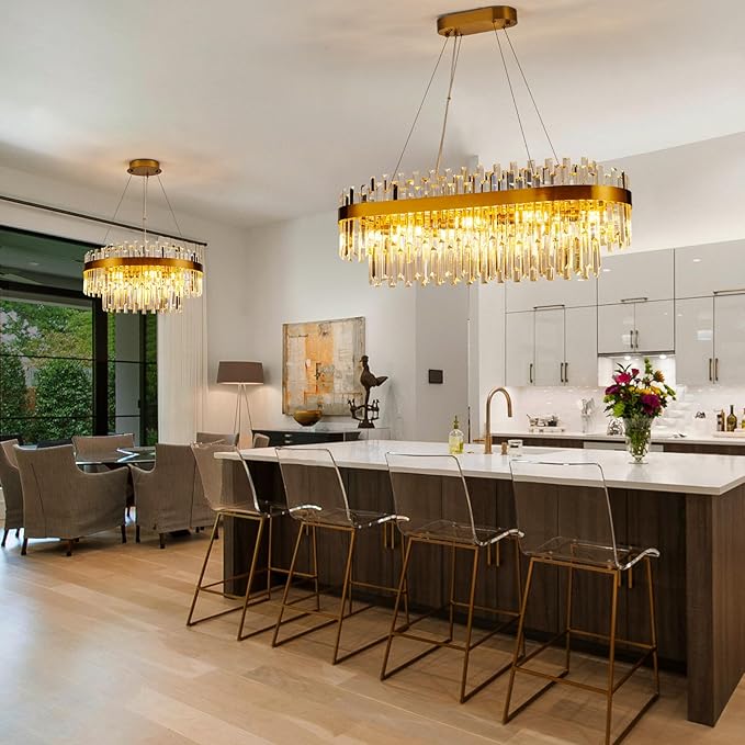 Gold Crystal Chandelier for Dining Room, 35.4" Modern Luxury 2-Tier K9 Crystal Oval Chandelier, 10-Light E12 Base Pendant Light, Height Adjustable for Kitchen Island Living Room Light Fixture