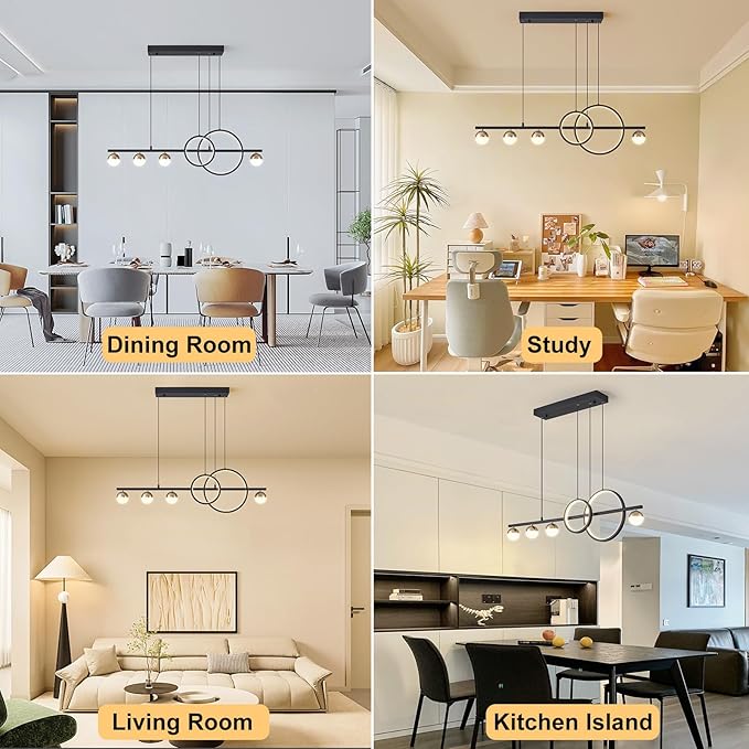 Modern Black Gold Chandeliers for Dining Room, Dimmable LED Chandelier Linear Pendant Light for Kitchen Island, 39in Globe Haning Pendant Chandelier Lighitng with Remote (2 Rings, 3000lm)