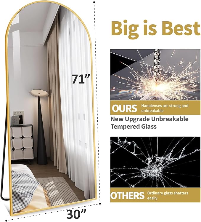 71"x30" Extra Large Full Length Mirror - Freestanding Floor Mirror with Anti-Tip Base, Shatterproof Glass for Bedroom, Living Room, Entryway (Gold)