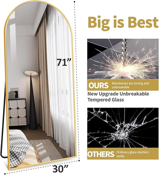 71"x30" Extra Large Full Length Mirror - Freestanding Floor Mirror with Anti-Tip Base, Shatterproof Glass for Bedroom, Living Room, Entryway (Gold)