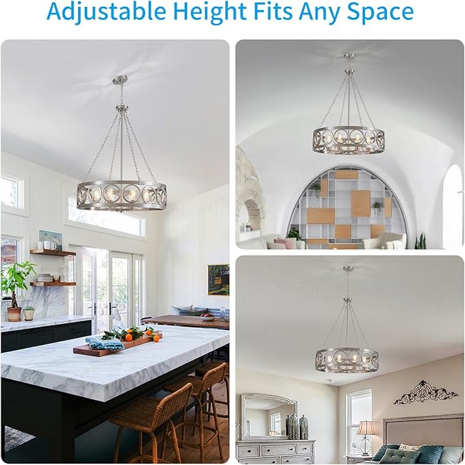 XINGQI 32.3" Large Drum Chandelier Modern Brushed Nickel 8-Light Rustic Farmhouse Round Pendant Lighting Fixture for Dining Room Living Room Office Kitchen Island