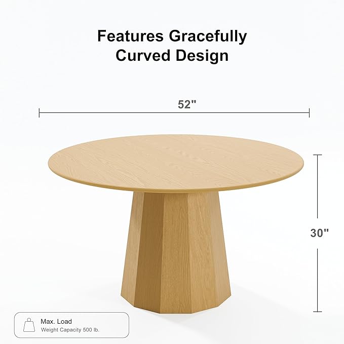 Casaphoria 52" Round Dining Table, Modern Wood Kitchen Table with Cone Shaped Strip Polygonal Base for Living Room & Dining Room, Easy Assembly Farmhouse Furniture for 4-6, Oak