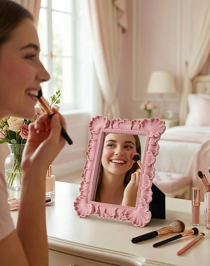Cute Makeup Mirror Decor for Girl Bedroom Nursery Dorm Playroom, 9.8x7.7 Resin Framed Wall Mirror for Bathroom Hallway Living Room, Gift for Mother's Day Valentine's Day Wedding (Soft Pink)