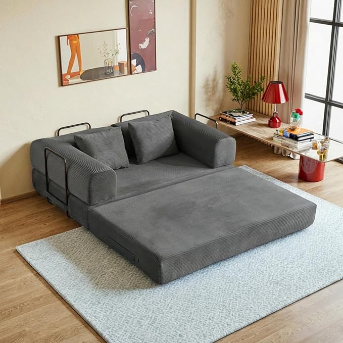 59in Convertible Sofa Bed, Corduroy Boneless Couch Bed, Futon Sleeper Sofa Pull Out Bed, Foldable Couch for Living Room Apartment, No Assembly Required