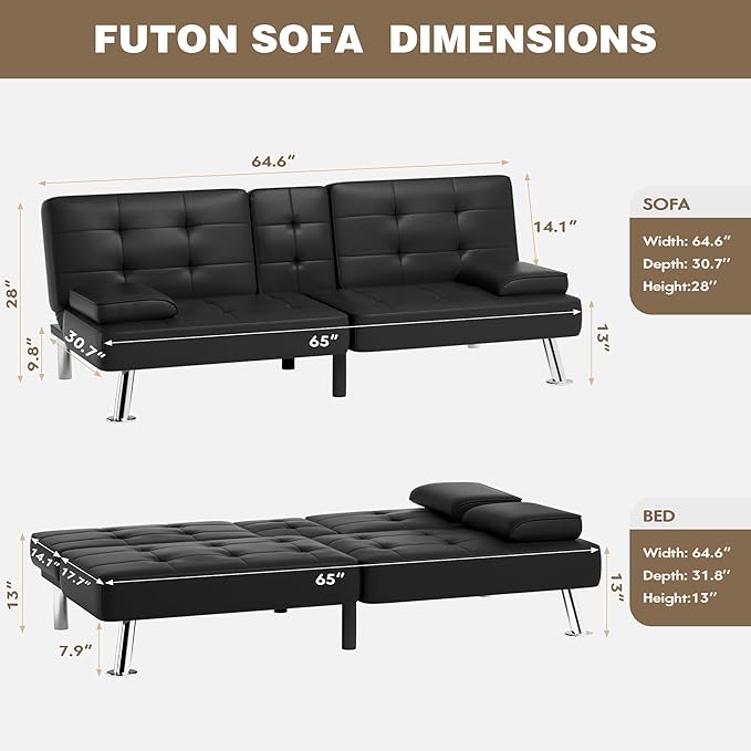 Homall Futon Sofa Bed, Leather Futon Couch with Removable Armrests, Adjustable Recliner Sleeper Sofa Bed with Dual Cup Holders for Living Room, Apartment, Office (Black), 30.7 x 65 x 28
