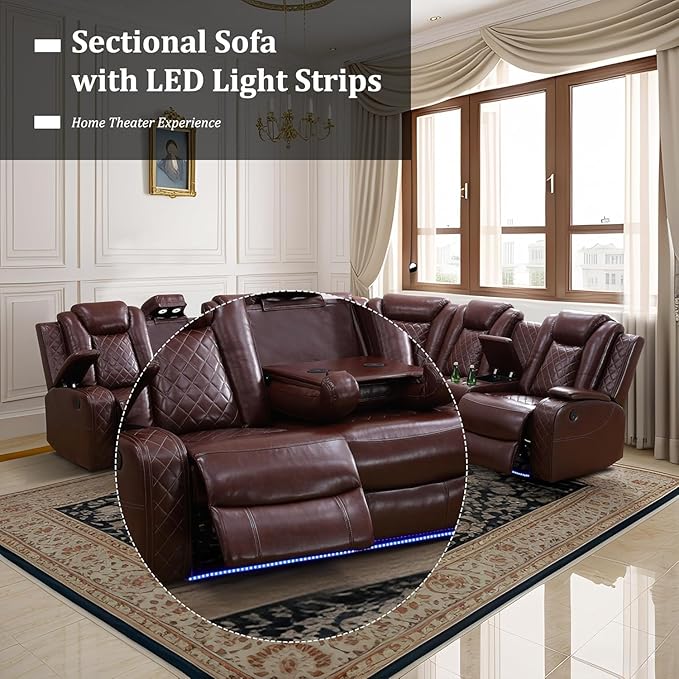 Power Recliner Sectional Sofa with LED, Breathing Leather Reclining Sectional Couch, L Shaped Couch with Dual Recliners, USB Port, Cup Holder&Storage (Garnet, Sectional+Loveseat(8 Seats))