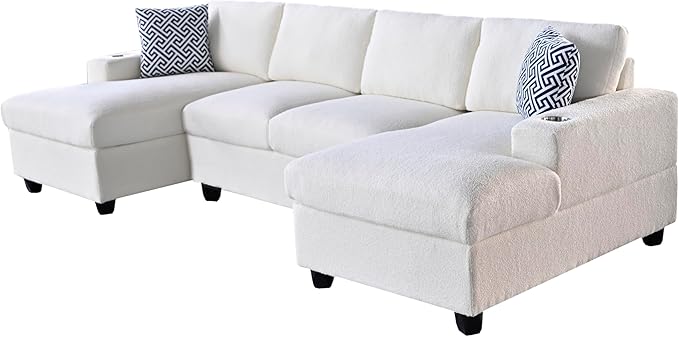Ball & Cast 124" U-Shaped Sectional Sofa Couch for Living Room with Double Chaise,Cup Holders & Pillows,4 Seat Sherpa Upholstered Modern Modular Sectional Sofa Couches Set,for Home,Office,Beige