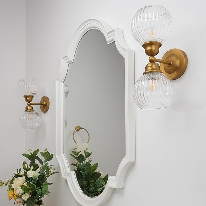 Pathson 2 Heads Wall Sconce Striped Glass Shade, 2-Light Modern Bathroom Sconces Wall Vanity Light Fixtures Brass Finish, Vintage Wall Sconce Lamp for Mirror Living Room Bedroom Farmhouse Lighting
