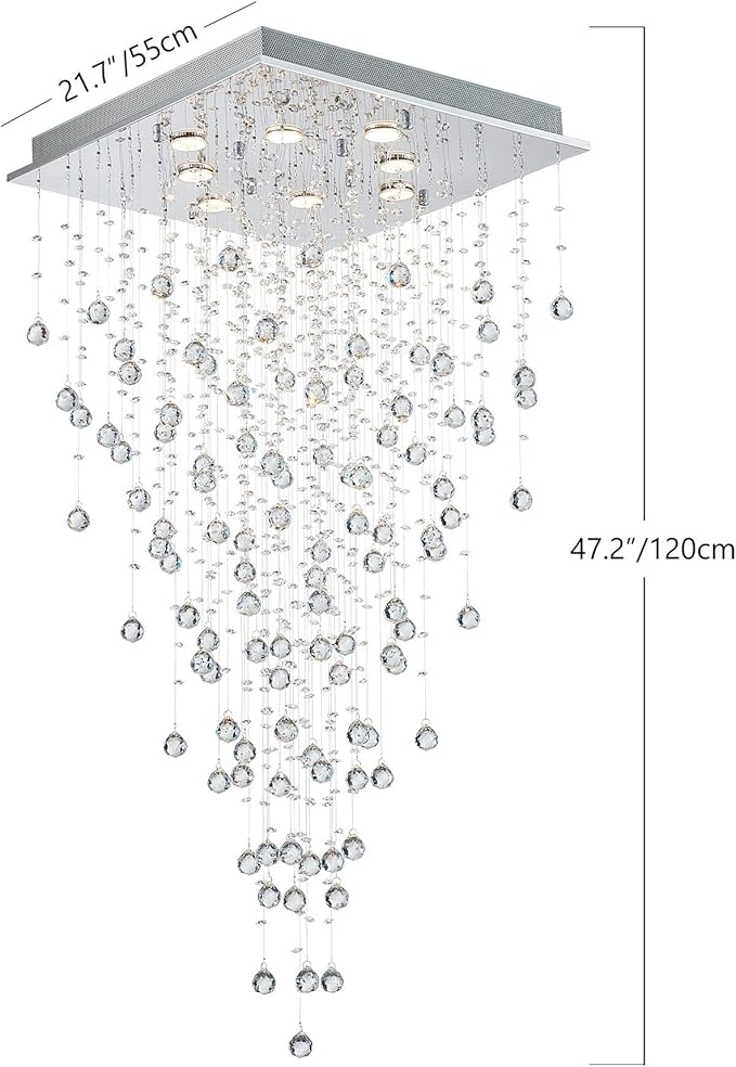 Bestier Modern Crystal Square Raindrop Chandelier Lighting Flush Mount LED Ceiling Light Fixture Pendant Lamp for Dining Room Bathroom Bedroom Livingroom 8 GU10 Bulbs Required 22 in Wide 47 inch High