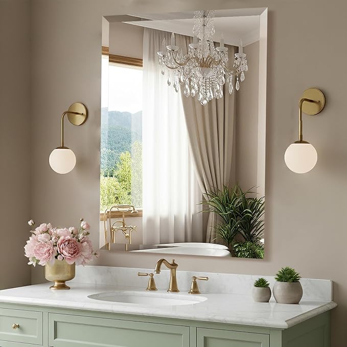 20x30 Inch Frameless Wall Mirror with 1" Beveled Edge, Frameless Rectangle Mirror for Bathroom, Vanity, Living Room