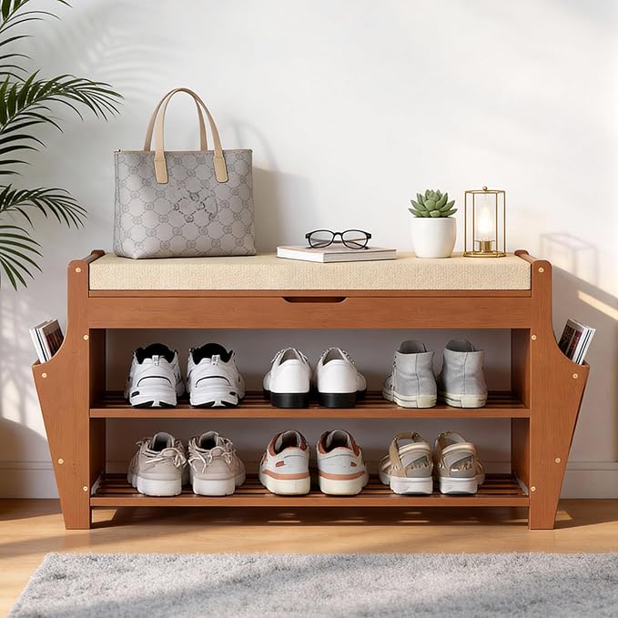34.3in Shoe Bench, Bamboo 3-Tier Entryway Bench with Storage, Shoe Rack Organizer Holds Up to 330 lb, 34.3 x 11.8 x 18.9 Inches for Entryway Bedroom Closet Living Room Hallway