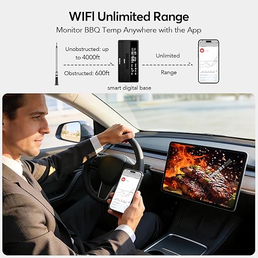 WiFi Sub-1G Smart Meat Thermometer Unlimited Range, 7 NIST-Cert.Sensors Magnetic Large-Display Smart Base, IP68 Wireless BBQ Grill &Smoker Thermometer, App&Standalone Monitoring(1,Black,Small)