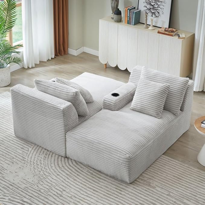 Eafurn Oversized Double Chaise Lounge Indoor with Cup Holders & Side Pocket, 71" Plush Corduroy Boneless Chaise Lounge Sofa with High Density Sponge & Deep High Seat Comfy Sleeper Couch Bed | Breathable material, No Assembly, 52" Deep Seat, 19.7" High ...