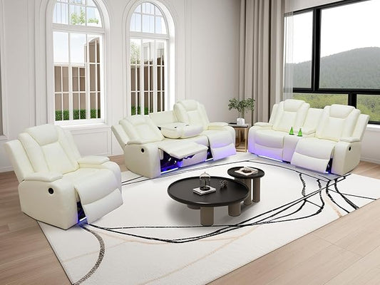 Power Reclining Sofa Sets, Living Room Furniture Sets, Breathing Leather Power Reclining Sofa, Loveseat, Chair with Cup Holders/Storage Console/LED Light for Living Room(Vanilla)