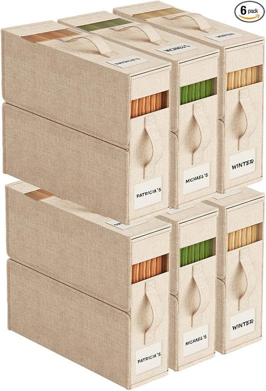 6 Pack Sheet Organizers and Storage with Handles – Foldable Linen Closet Storage for King & Queen Sheet Sets – Clear Window & Removable Labels – Dustproof & Space-Saving Design, Beige