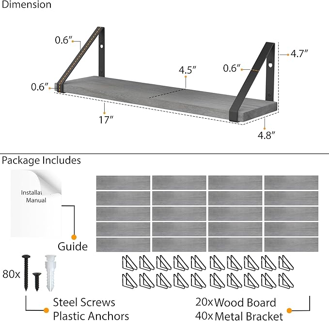 Wallniture Ponza 17'' x 4.5'' Floating Wall Shelf Bathroom, Small Wood Book Shelves for Wall Storage, Wall Mounted Shelf, Dining Room, Bedroom, Living Room, Office & Kitchen Organization, Gray, 20pcs