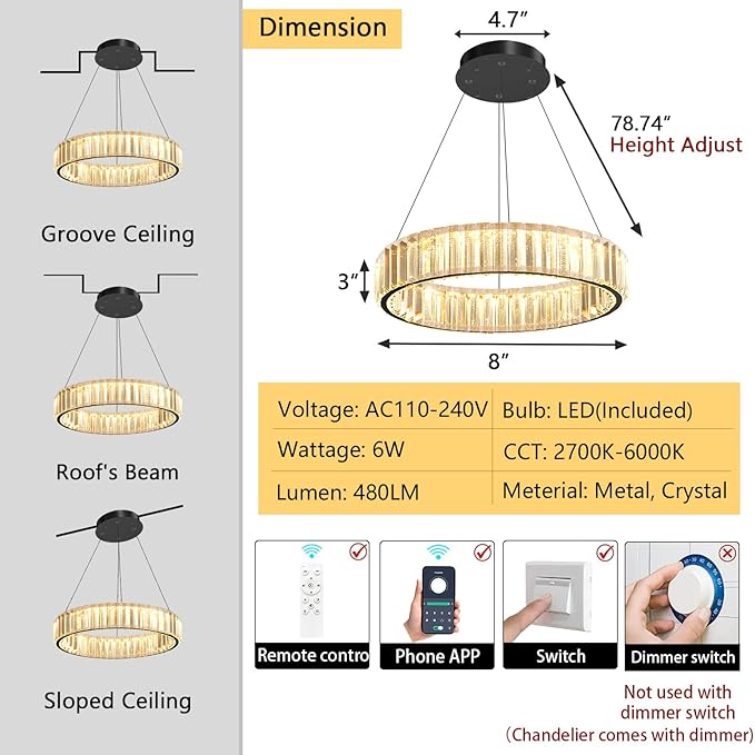 8'' Modern Ring Chandelier Crystal Chandeliers for Dining Room Round LED Dimmable Ceiling Light Fixture for Living Room Bedroom Lighting Black