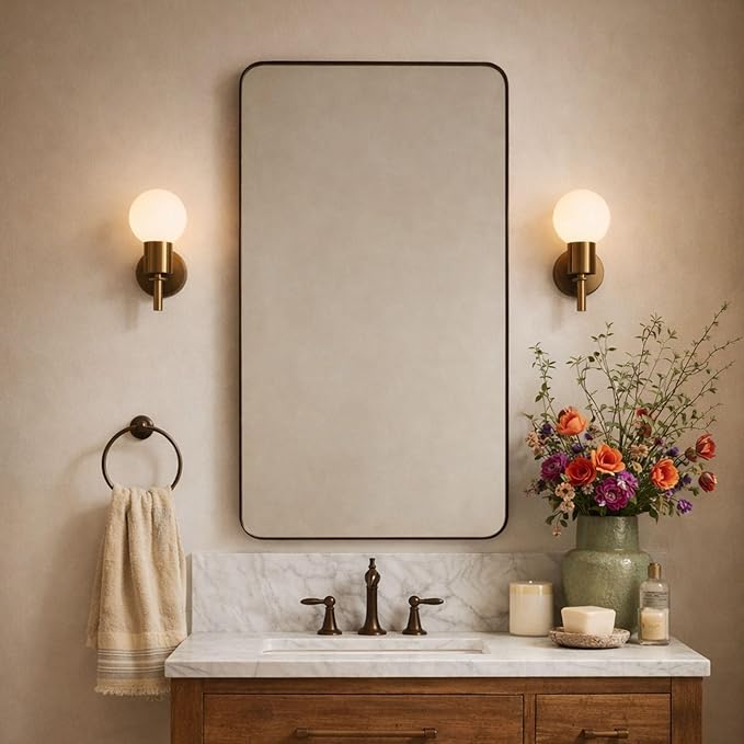 GRACTO 24x40'' Polished Nickel Metal Framed Bathroom Mirror for Wall in Stainless Steel Rounded Rectangular Bathroom Vanity Mirrors Wall Mounted