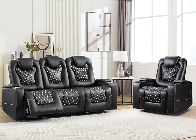ANJ Power Recliner Sofa Set with 1 Recliner and 3 Seater Sofa, Electric Reclining PU Leather Living Room Furniture with USB Ports, Cup Holders and Hidden Arm Storage, Black