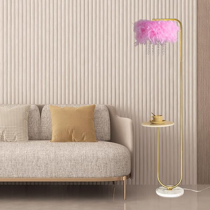 beaysyty Unique Led Pink Feather Floor Lamp with Tray,Ostrich Feather Stand Lamp,Living Room Bedroom Office Shop Window Decoration Lamp,Foot Switch and Brass/Gold Finish Arc Floor Lamp