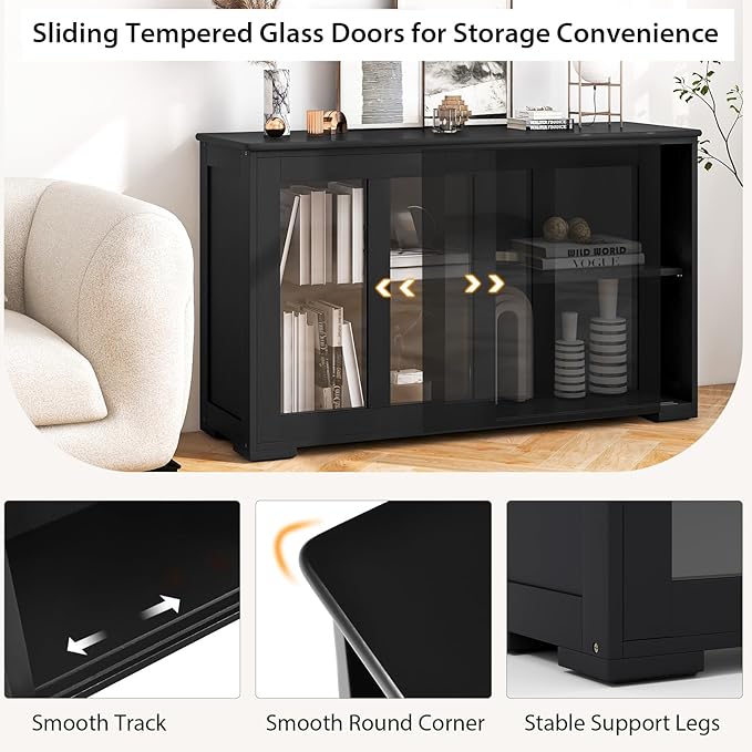 Byroce Sideboard Buffet Cabinet, Stackable Storage Coffee Bar Cabinet with Adjustable Shelf & Glass Sliding Doors, Wood Cupboard Credenza Console Table for Kitchen Dining Living Room (2, Black)