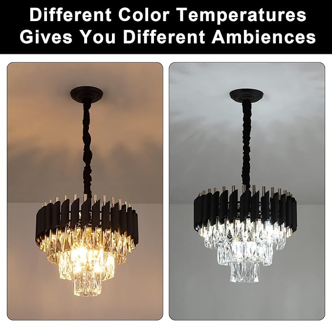 Modern Crystal Chandeliers 3 Tiers Black and Gold Pendant Light Fixtures 16” Round Flush Mount Chandeliers Ceiling Lighting Dimmable for Living Room Dining Room Foyer Bedroom Kitchen