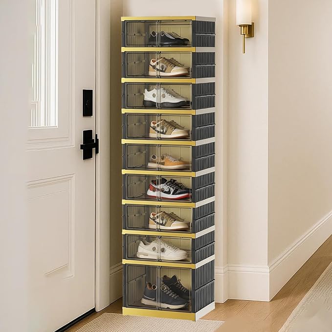 Portable Shoe Rack Organizer 9 Tiers 18 Pairs Collapsible Shoe Cabinet Foldable Shoe Storage Boxes Magnetic Doors, Folding Sneaker Organizer, Easy Assembly Shoe Shelf for Closet, Black Gold