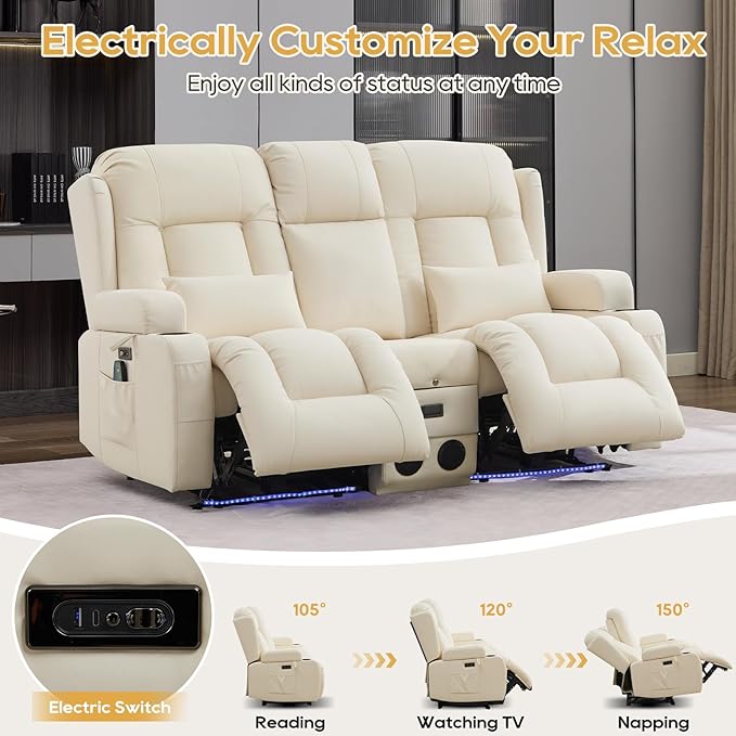IPKIG Power Recliner Sofa with Flip-Up Backrest Console, USB & USB-C Ports, AC Outlet, LED Lights, Wall Hugger Recliners for Living Room, RV (Off Withe, 67" - 3 Seat) | Faux Leather, Zero Gravity, Dual Reclining, 2 Lumabr Pillow, Bluetooth Speakers